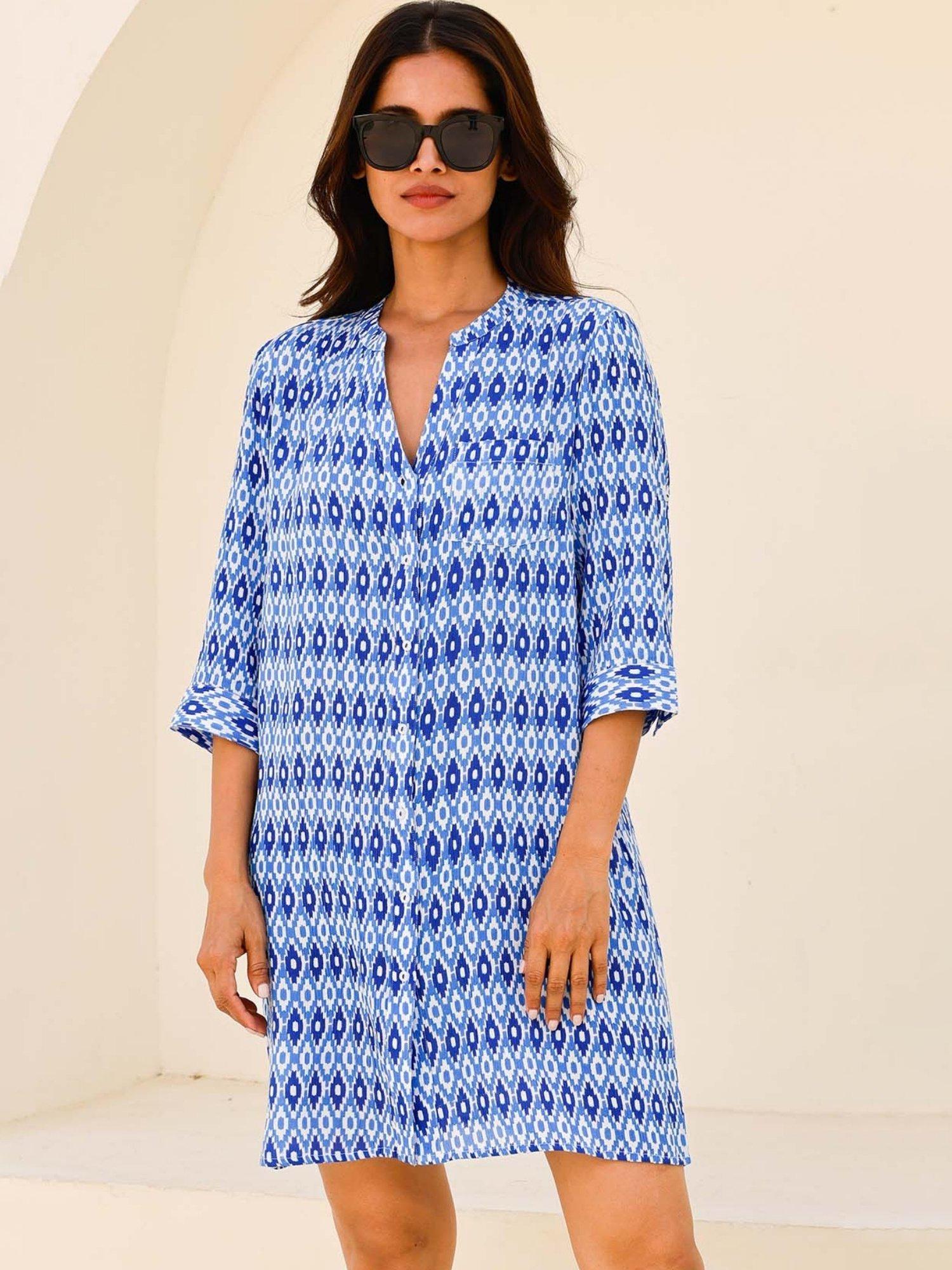 Product image 1 of 6, which shows Aspiga Mila Geometric Shirt Tunic Dress, Blue/White, L