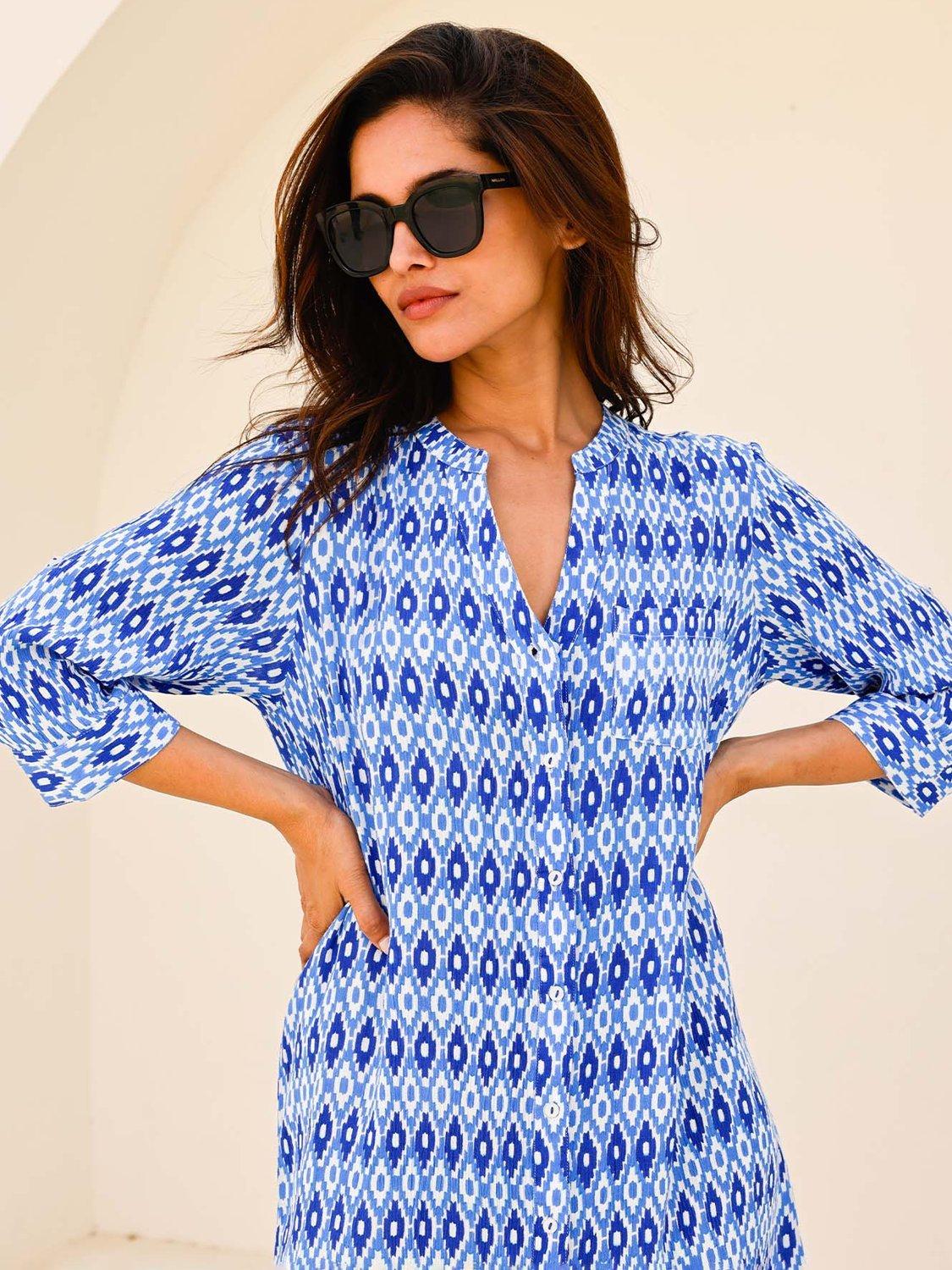 Product image 2 of 6, which shows Aspiga Mila Geometric Shirt Tunic Dress, Blue/White, L