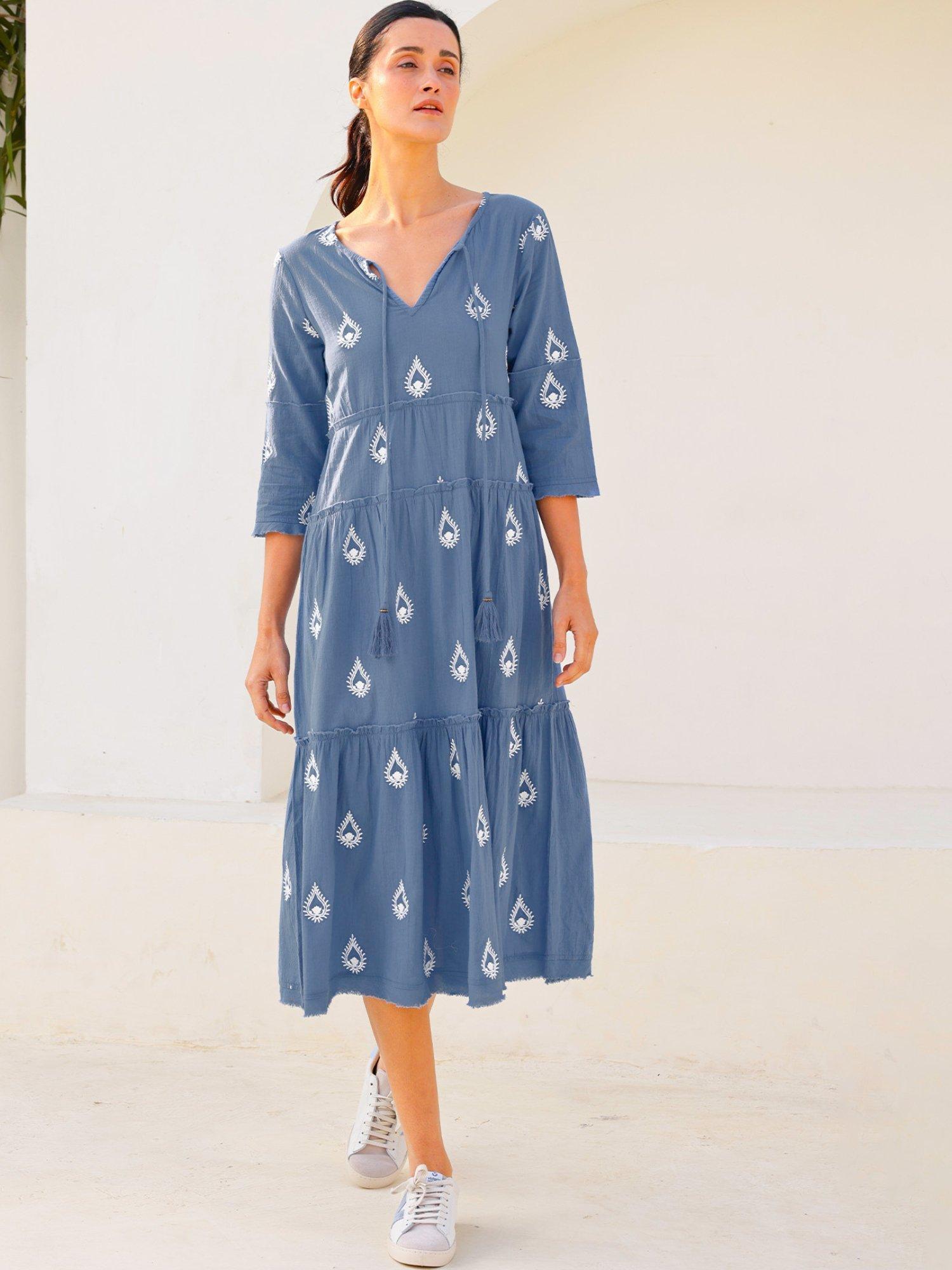 Product image 1 of 5, which shows Aspiga Willow Embroidered Pure Organic Cotton Dress, Blue Grey/White, L