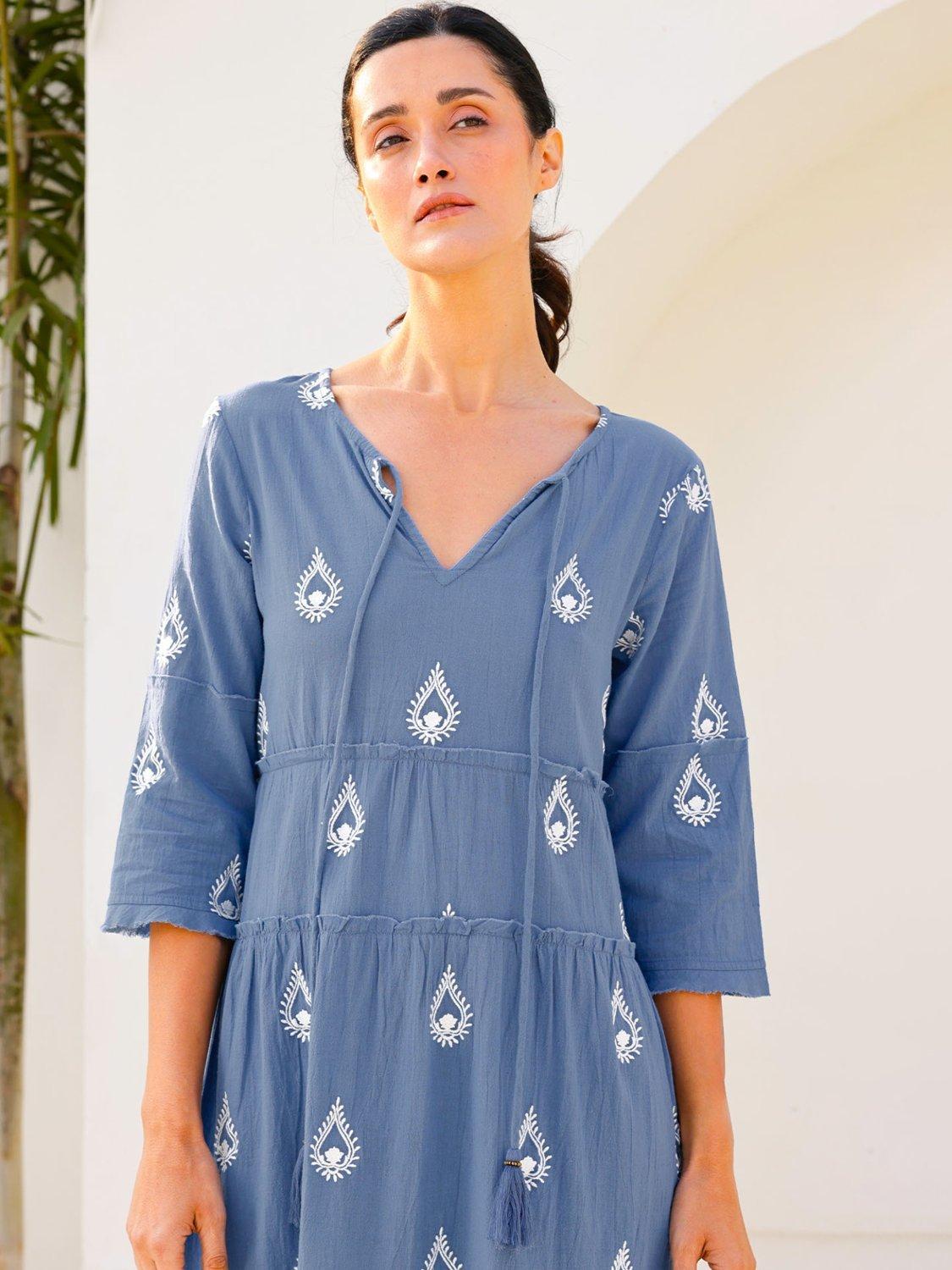 Product image 2 of 5, which shows Aspiga Willow Embroidered Pure Organic Cotton Dress, Blue Grey/White, L