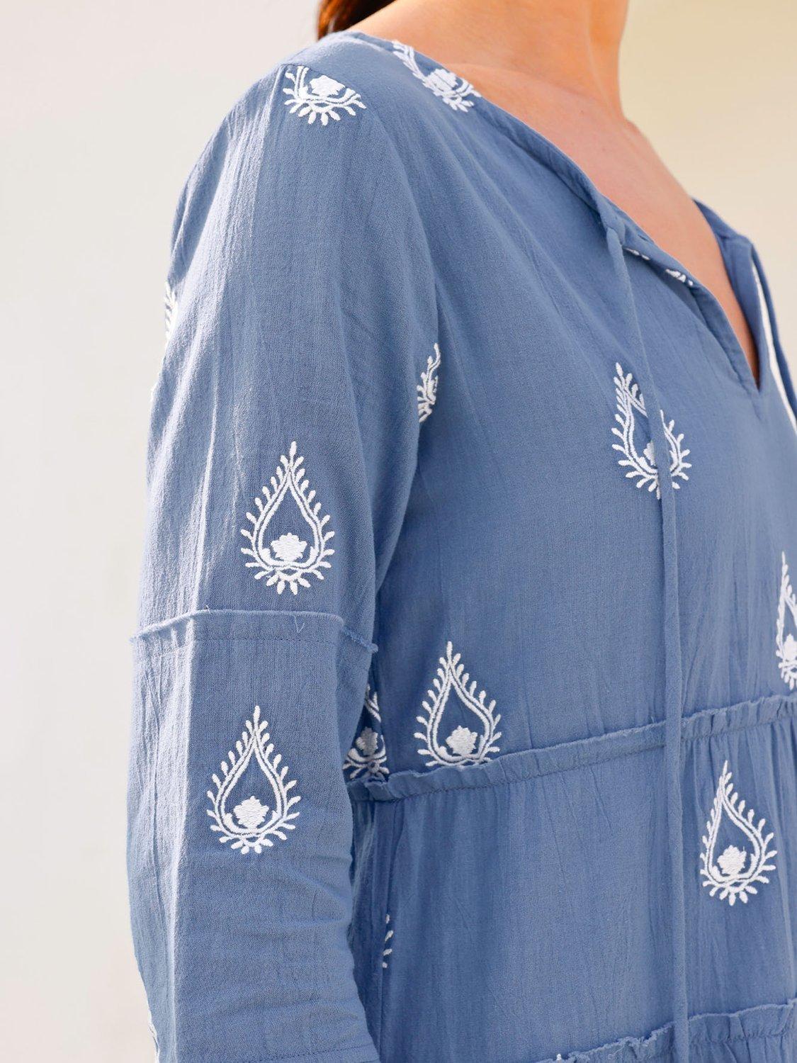 Product image 3 of 5, which shows Aspiga Willow Embroidered Pure Organic Cotton Dress, Blue Grey/White, L