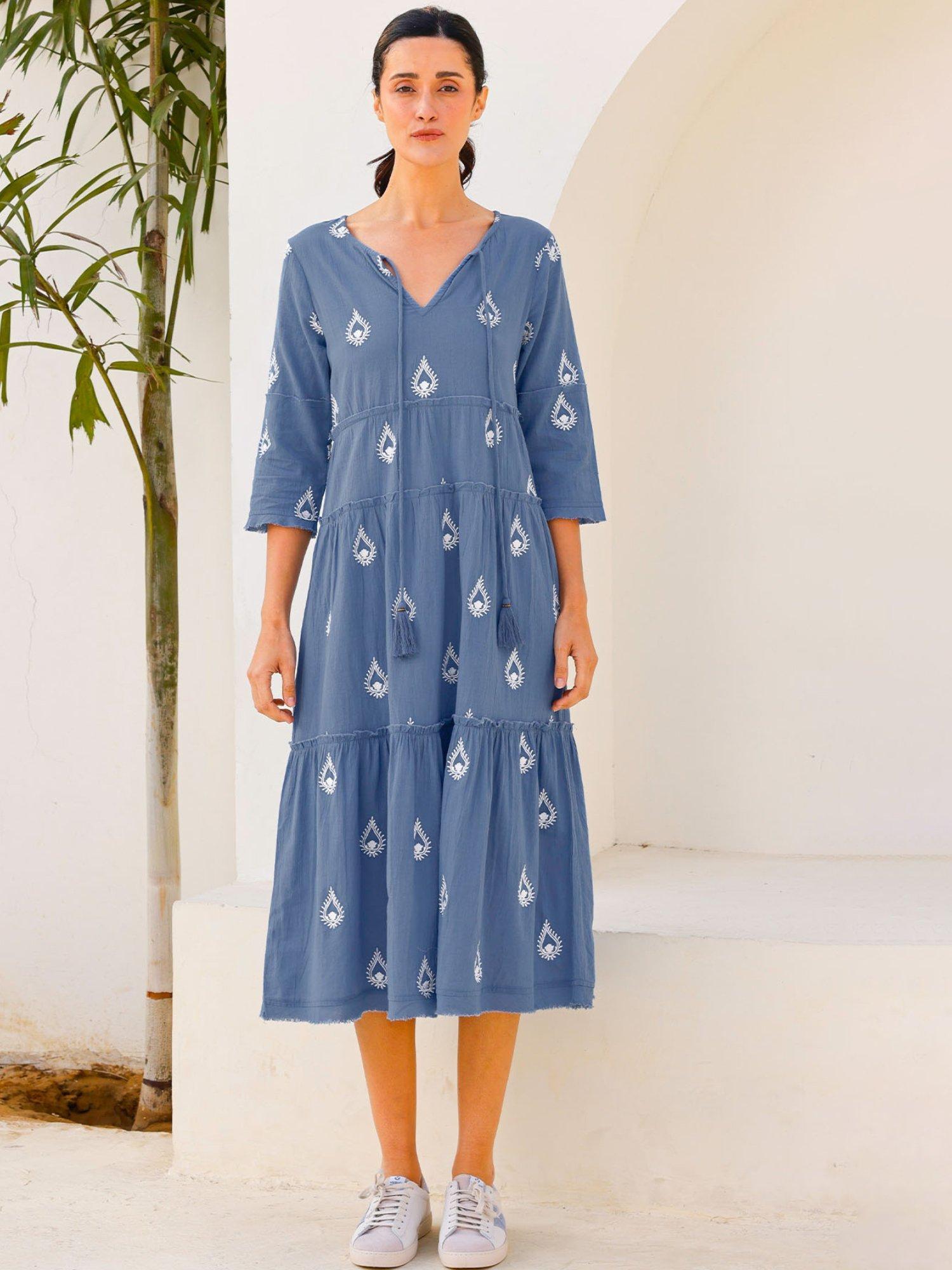 Product image 4 of 5, which shows Aspiga Willow Embroidered Pure Organic Cotton Dress, Blue Grey/White, L