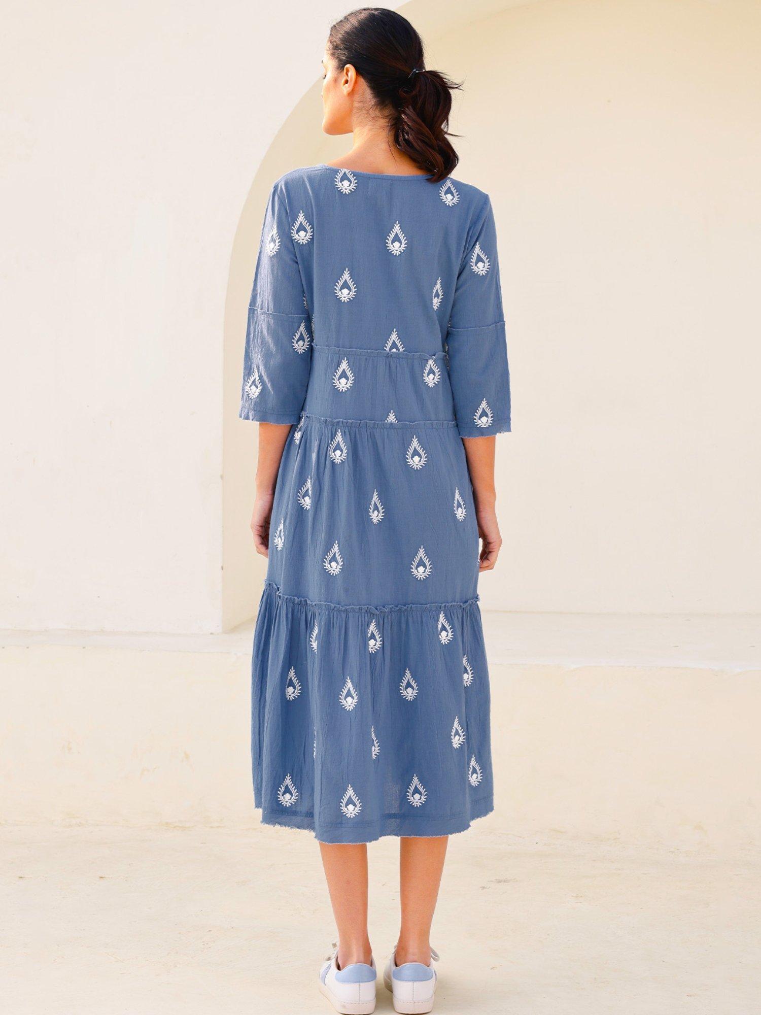 Product image 5 of 5, which shows Aspiga Willow Embroidered Pure Organic Cotton Dress, Blue Grey/White, L