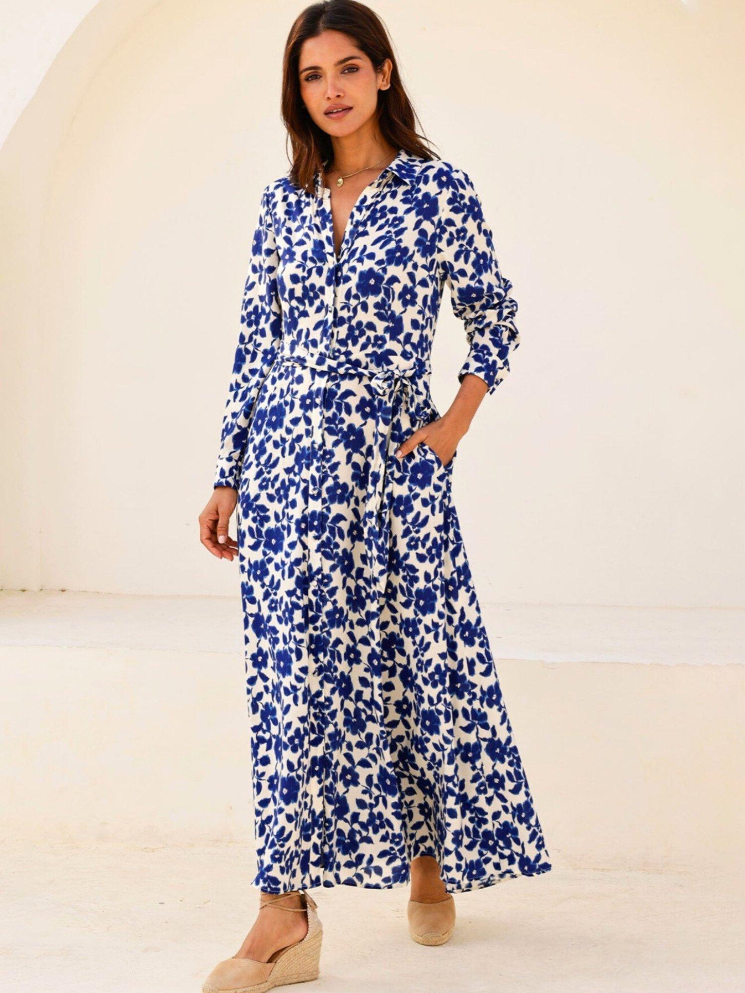 Product image 1 of 3, which shows Aspiga Eliza Floral Print Maxi Shirt Dress, Navy/Cream, L