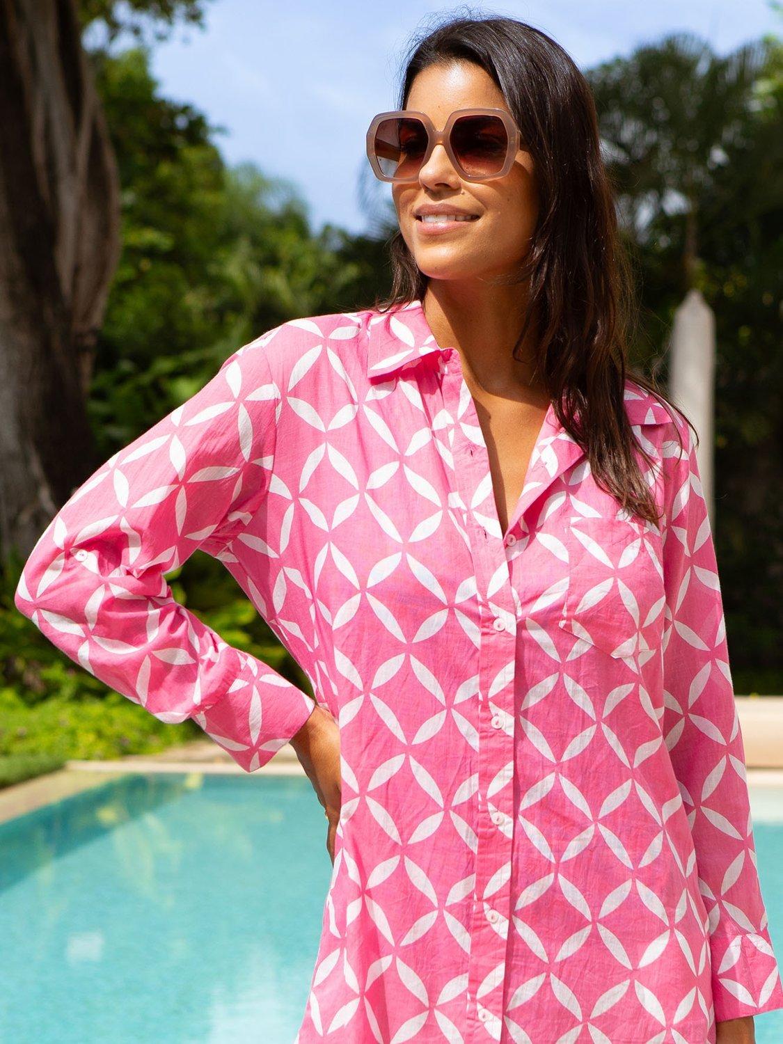 Product image 3 of 4, which shows Aspiga Saffron Geometric Pure Organic Cotton Beach Dress, Pink/White, L