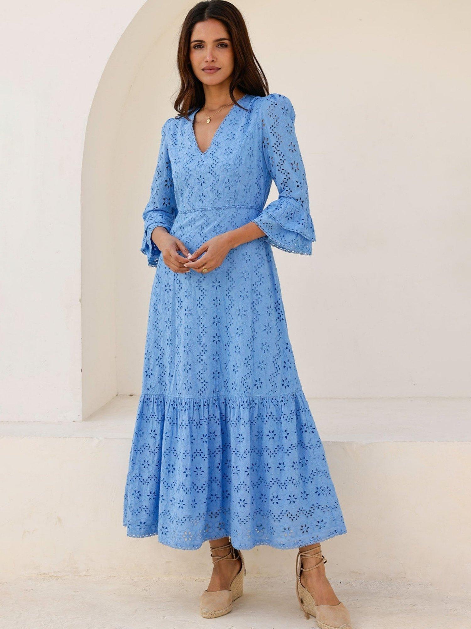 Product image 1 of 5, which shows Aspiga Victoria Broderie Cotton Maxi Dress, Blue, L