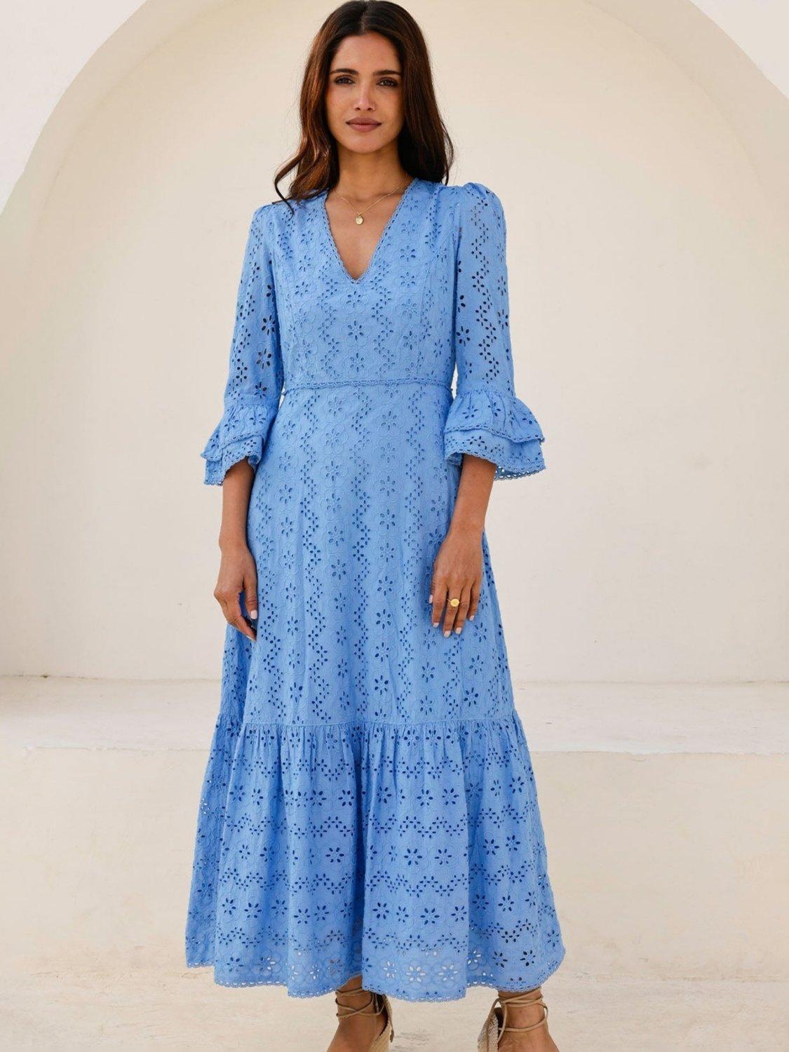 Product image 4 of 5, which shows Aspiga Victoria Broderie Cotton Maxi Dress, Blue, L