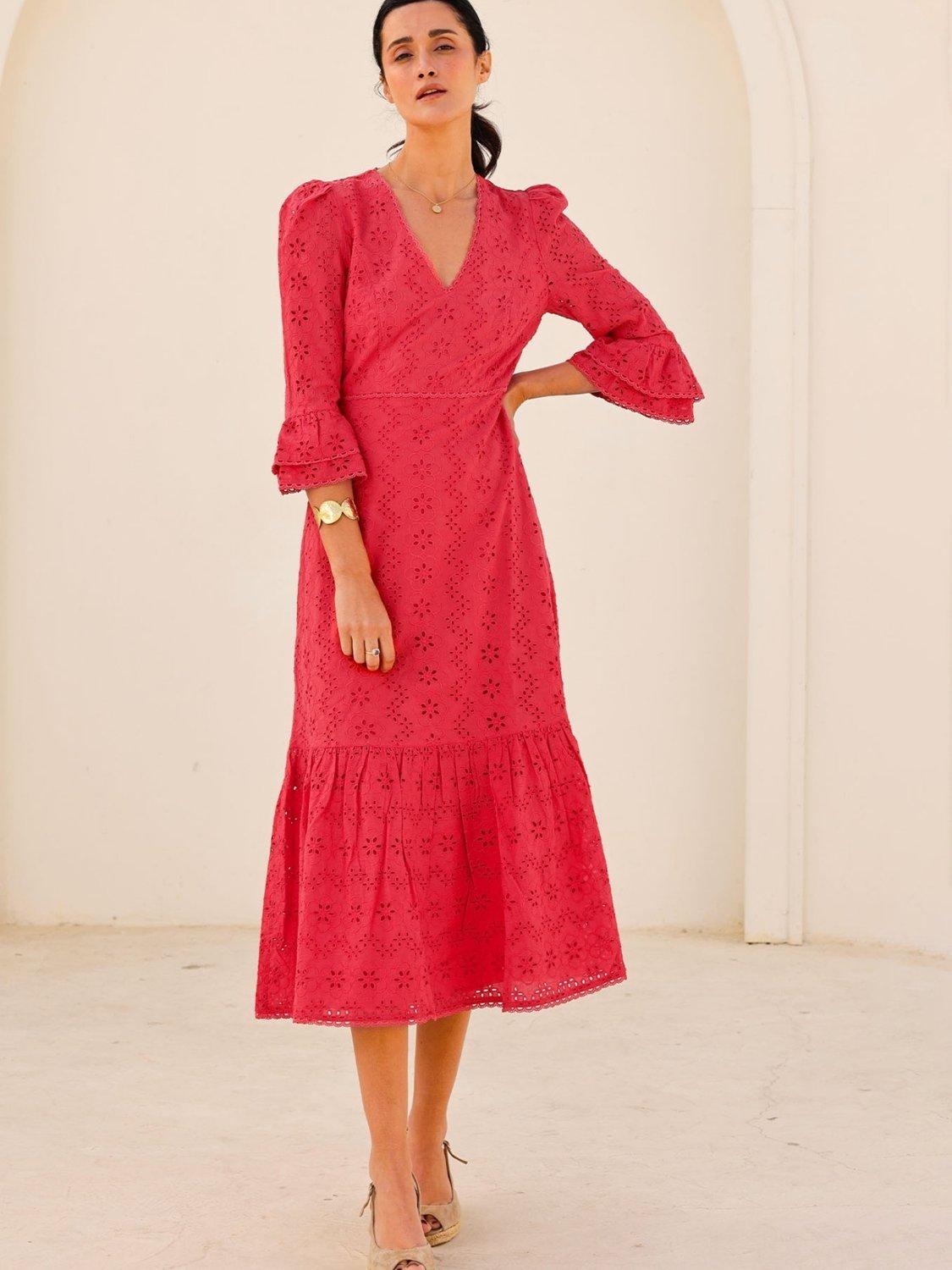 Product image 1 of 6, which shows Aspiga Victoria Broderie Anglaise Pure Organic Cotton Dress, Red, L