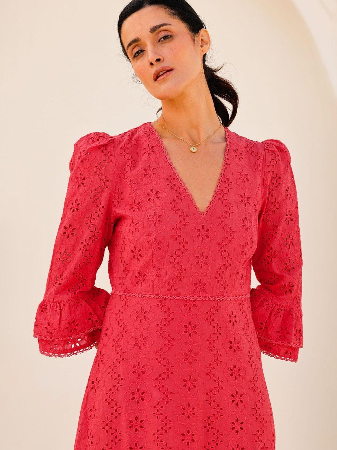 Product image 2 of 6, which shows Aspiga Victoria Broderie Anglaise Pure Organic Cotton Dress, Red, L