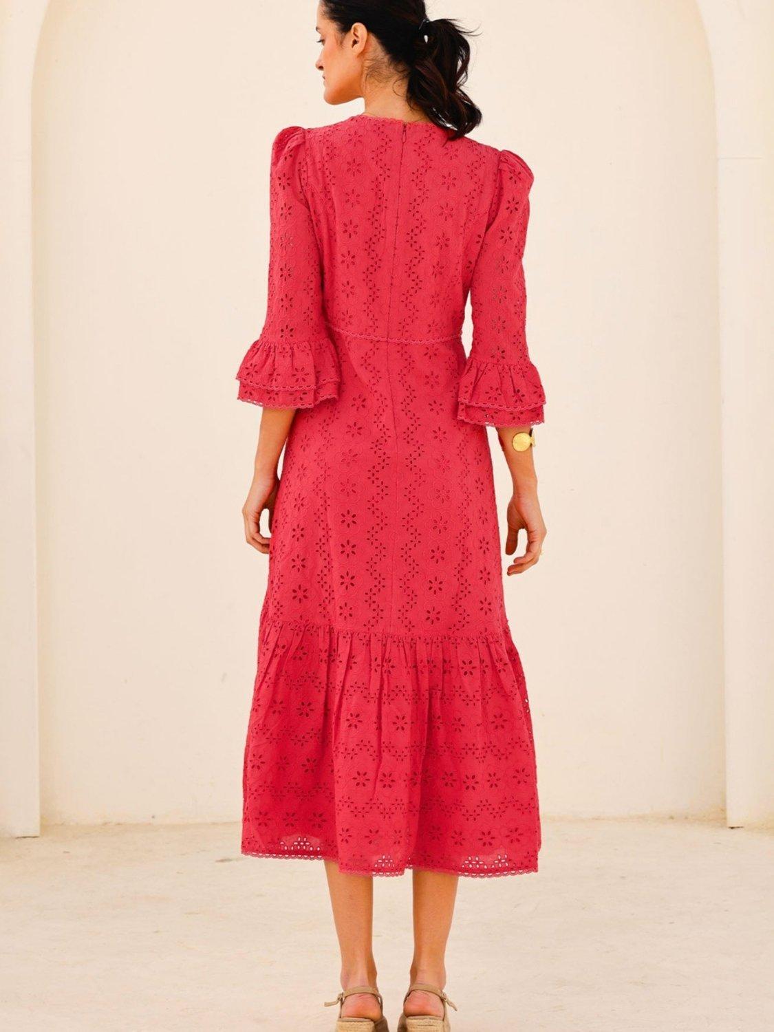 Product image 3 of 6, which shows Aspiga Victoria Broderie Anglaise Pure Organic Cotton Dress, Red, L