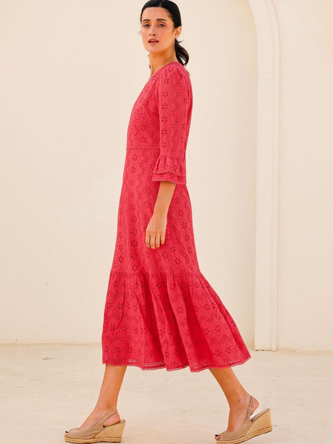 Product image 6 of 6, which shows Aspiga Victoria Broderie Anglaise Pure Organic Cotton Dress, Red, L