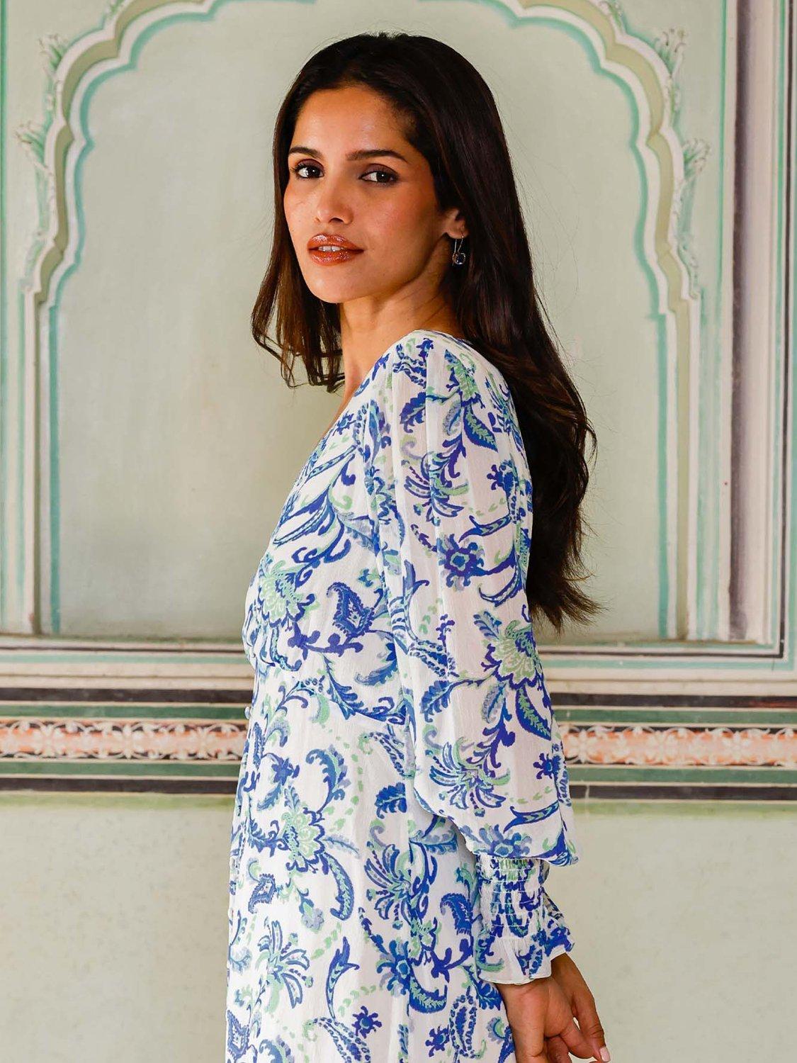 Product image 4 of 4, which shows Aspiga Sally Anne Floral Print Blouson Sleeve Midi Dress, Green/Blue, L
