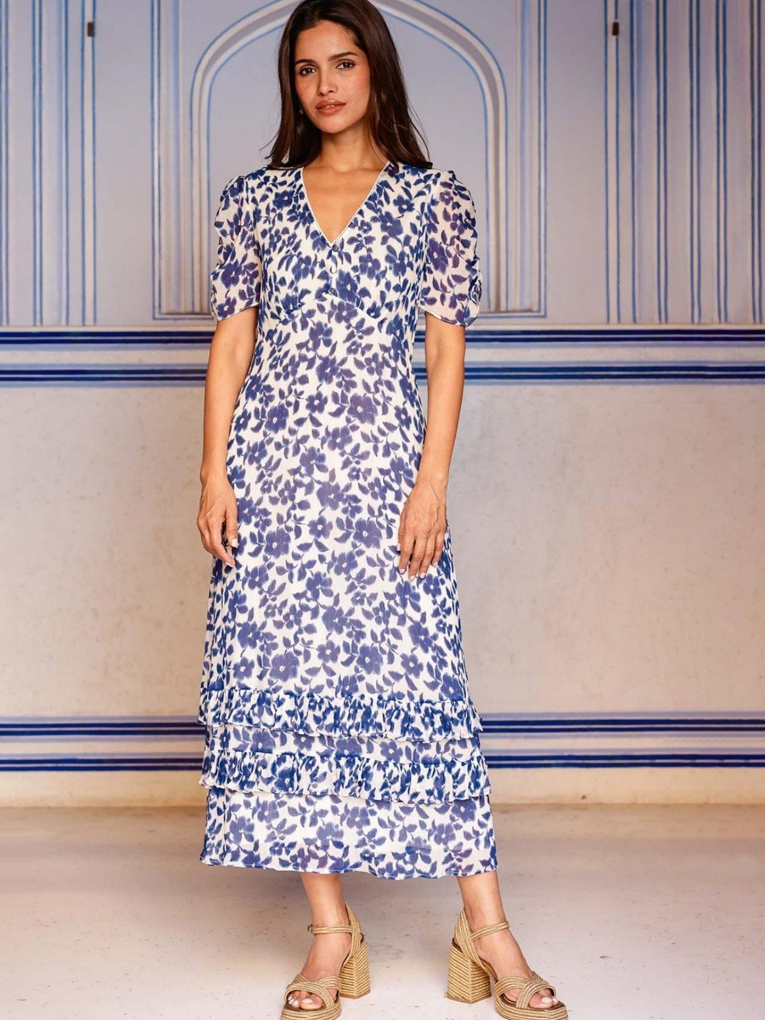 Product image 1 of 5, which shows Aspiga Ellery Short Sleeve Floral Print Midi Dress, Cream/Navy, L