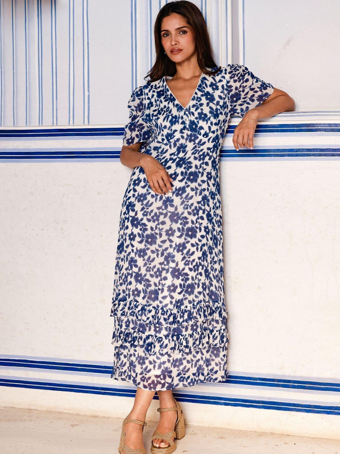 Product image 2 of 5, which shows Aspiga Ellery Short Sleeve Floral Print Midi Dress, Cream/Navy, L