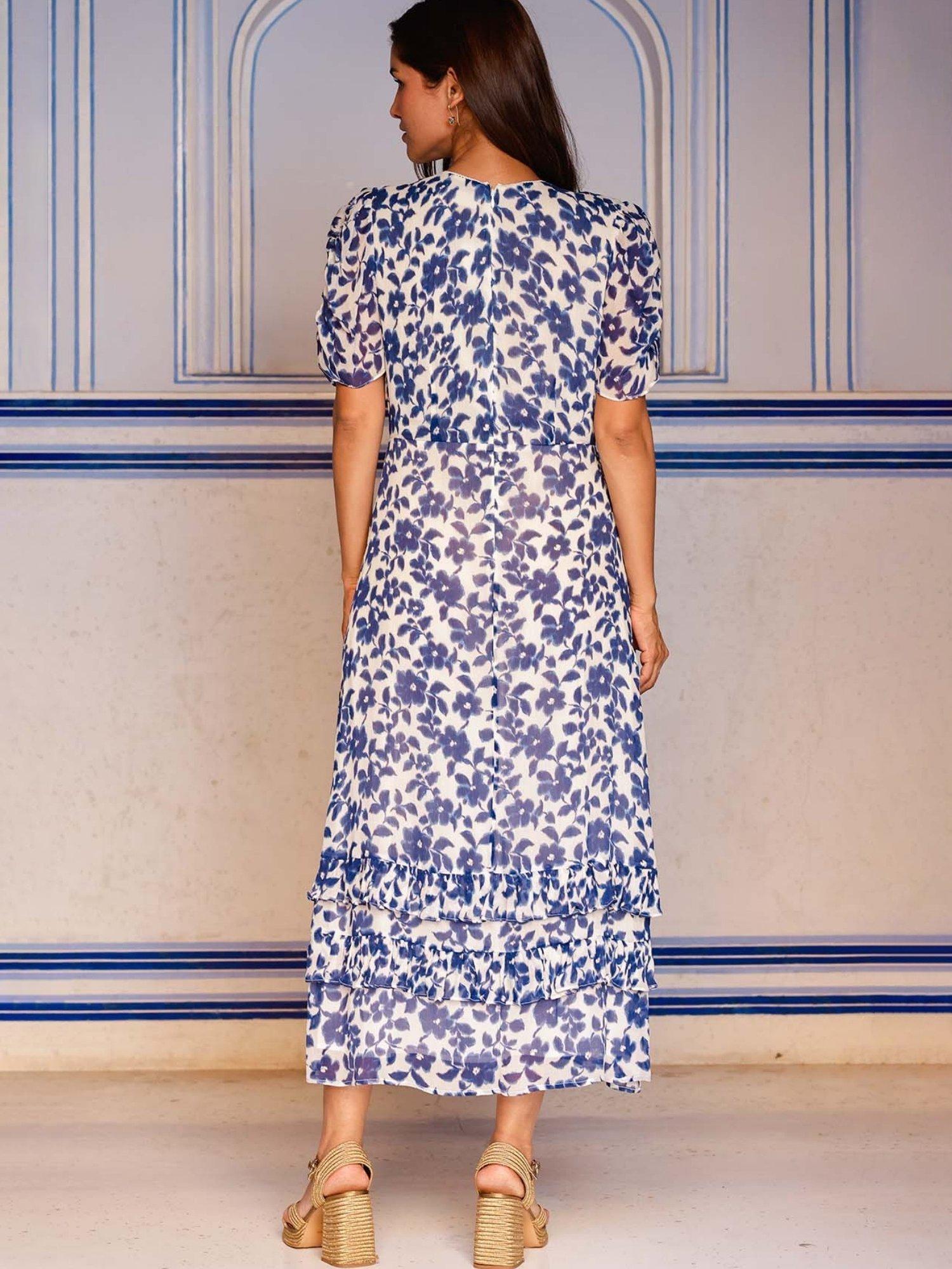 Product image 3 of 5, which shows Aspiga Ellery Short Sleeve Floral Print Midi Dress, Cream/Navy, L