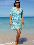 Aspiga Santorini Animal Print Pure Organic Cotton Kaftan, White/Turquoise