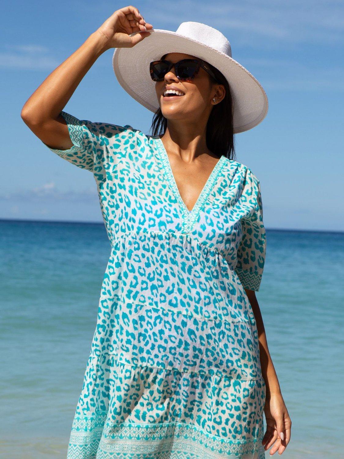 Product image 2 of 5, which shows Aspiga Santorini Animal Print Pure Organic Cotton Kaftan, White/Turquoise, L