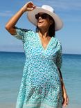Aspiga Santorini Animal Print Pure Organic Cotton Kaftan, White/Turquoise