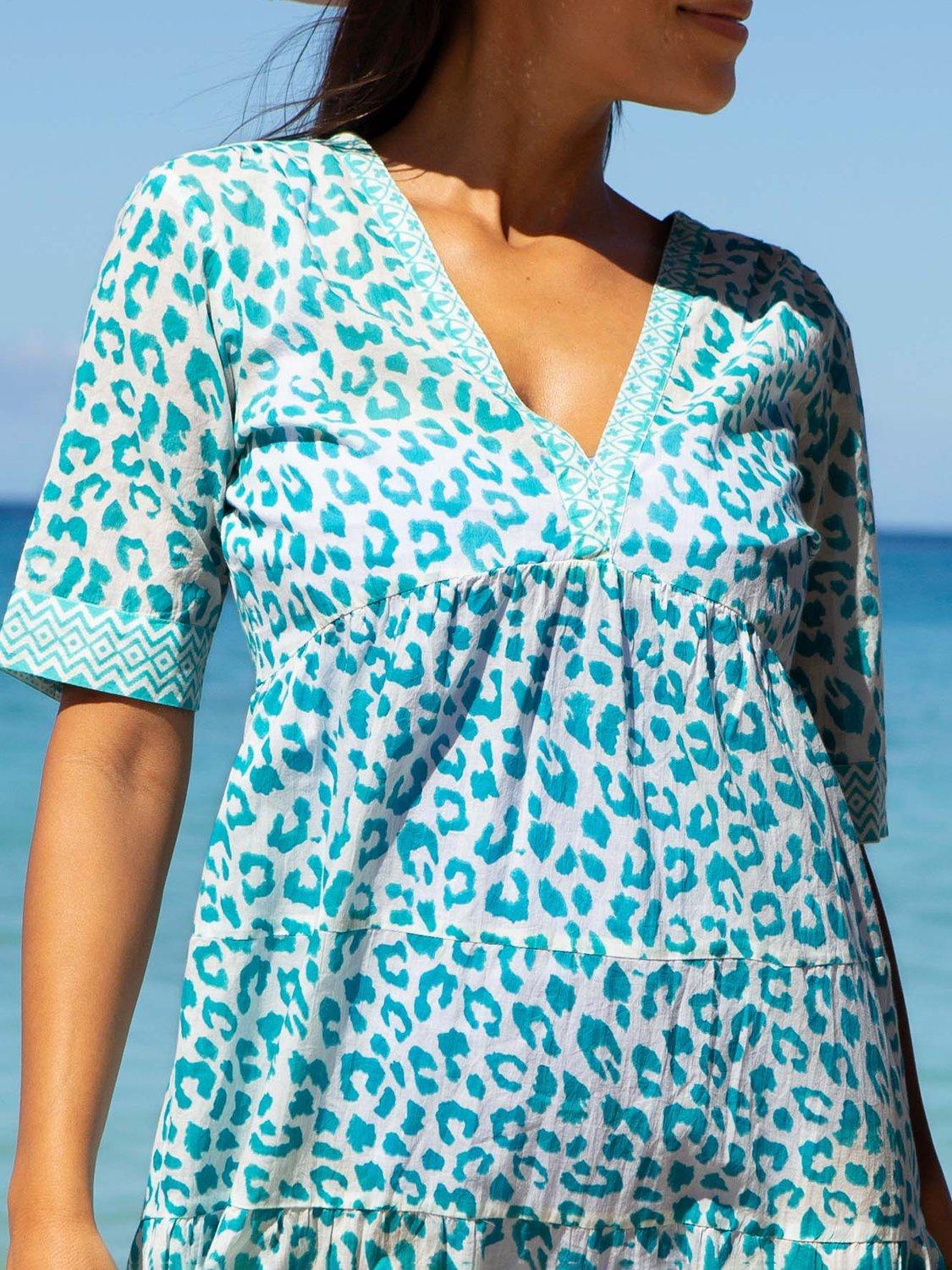 Product image 3 of 5, which shows Aspiga Santorini Animal Print Pure Organic Cotton Kaftan, White/Turquoise, L