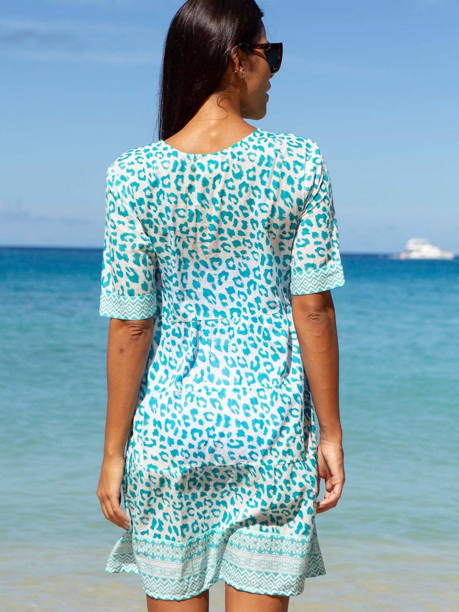 Product image 4 of 5, which shows Aspiga Santorini Animal Print Pure Organic Cotton Kaftan, White/Turquoise, L