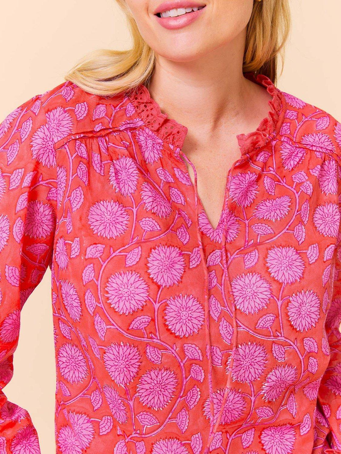 Product image 2 of 5, which shows Aspiga Rosie Floral Block Print Blouse, Red/Pink, L