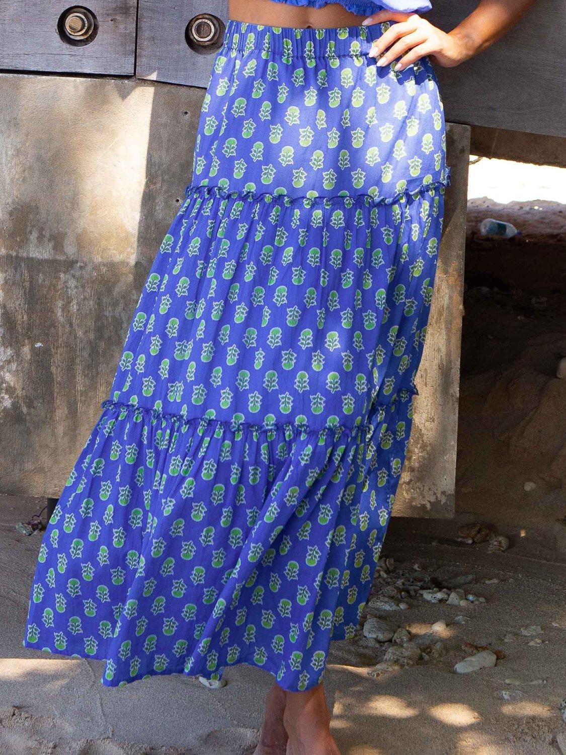 Product image 1 of 5, which shows Aspiga Bea Floral Print Cotton Maxi Skirt, Blue/Green, L