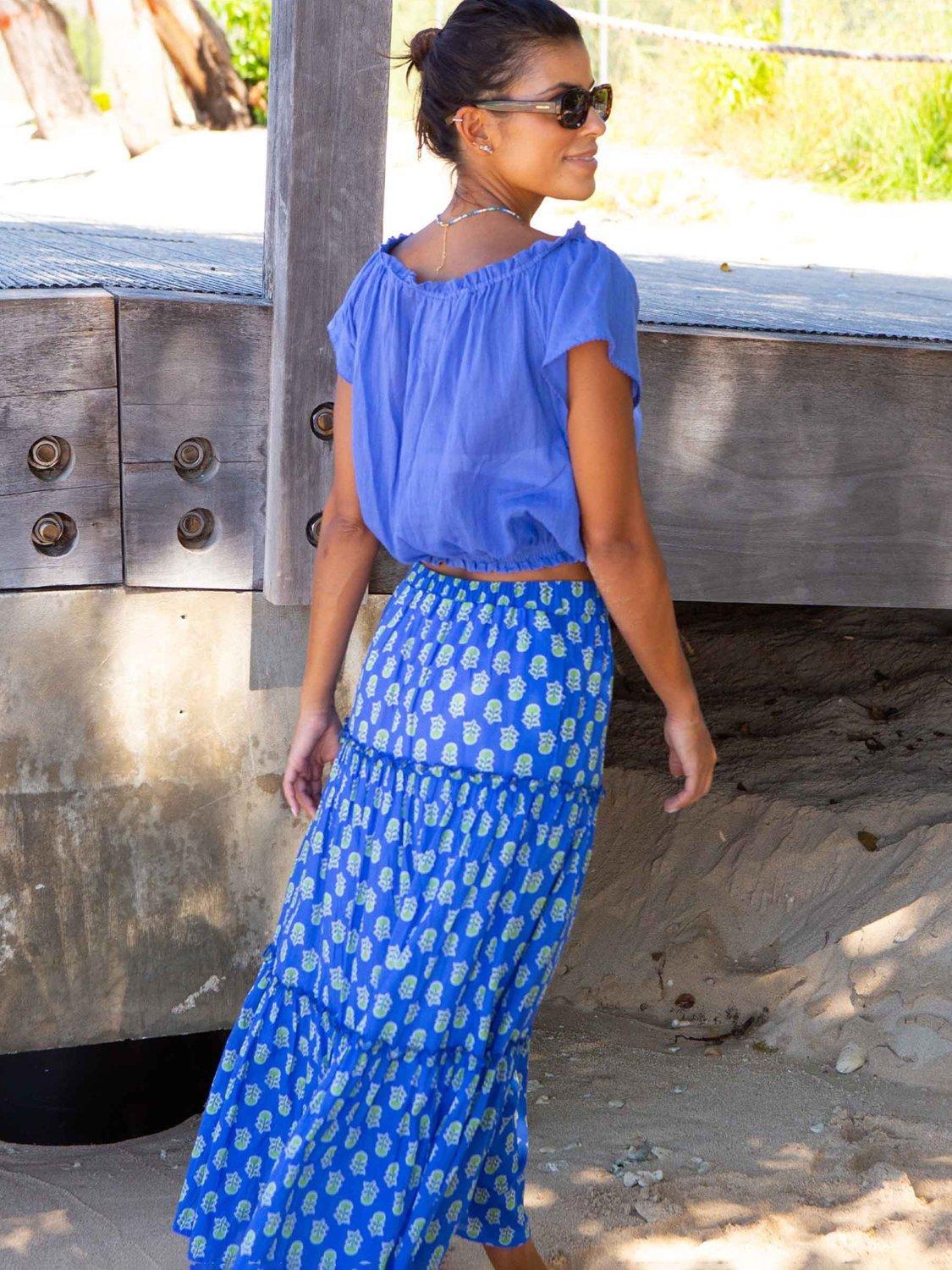 Product image 5 of 5, which shows Aspiga Bea Floral Print Cotton Maxi Skirt, Blue/Green, L