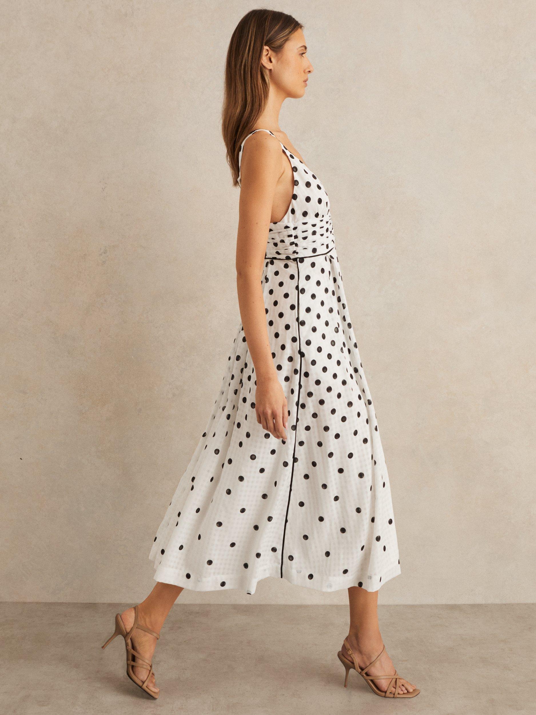 Product image 1 of 5, which shows Reiss Dottie Polka Dot Midi Dress, Black/White, 6