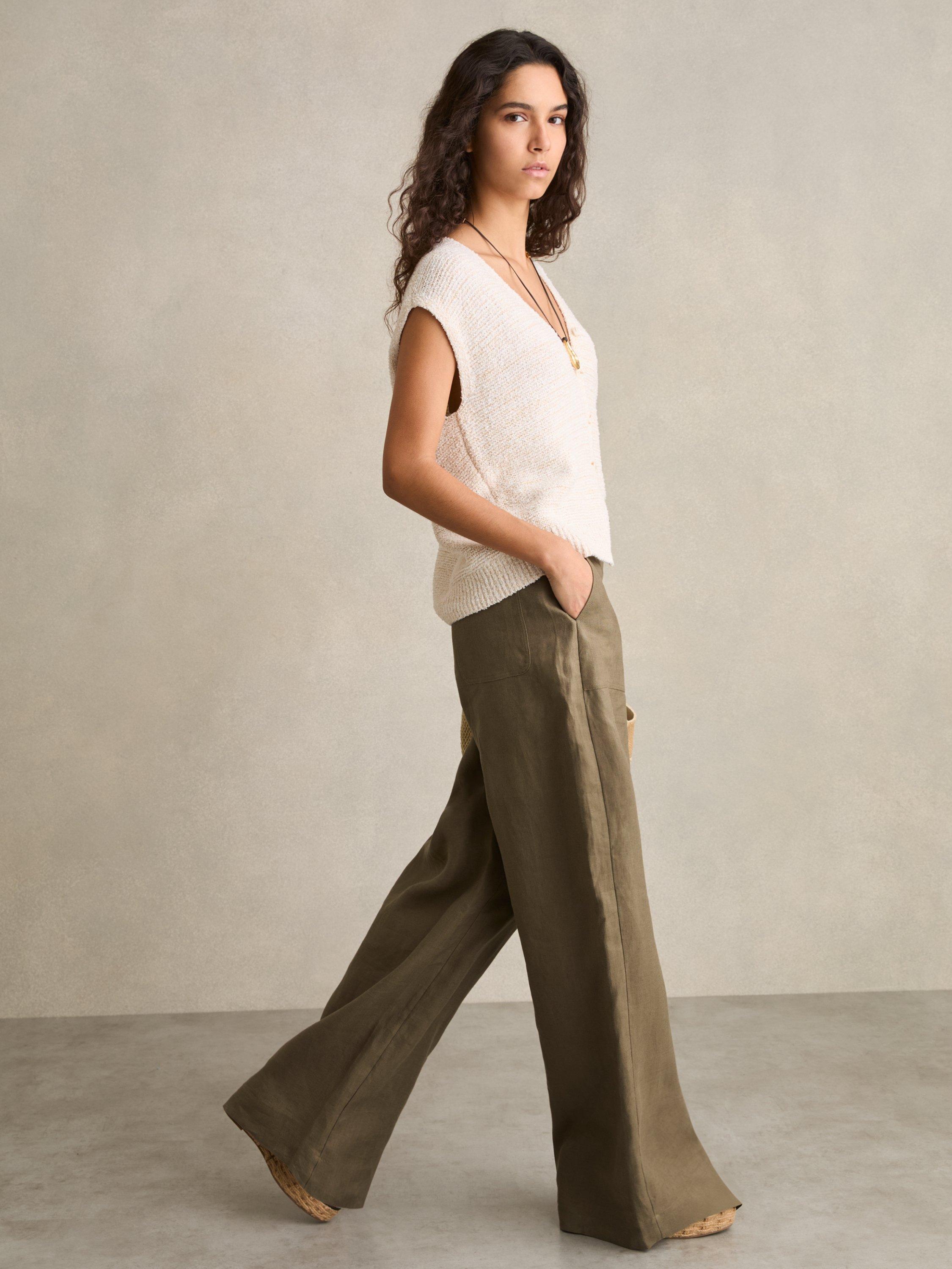 Product image 1 of 5, which shows Reiss Petite Ashby Wide Leg Pure Linen Trousers, Khaki, 6Pt