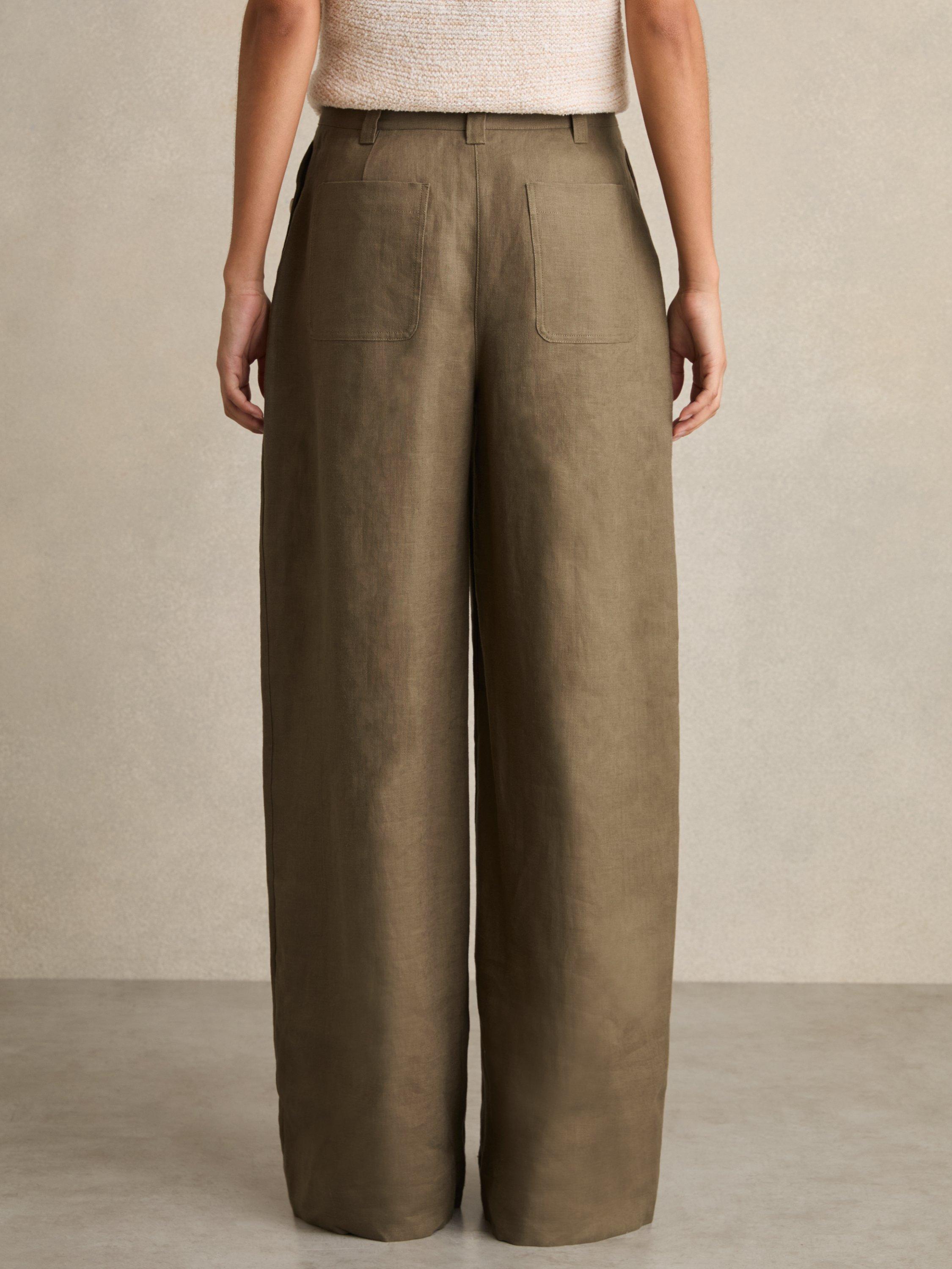 Product image 2 of 5, which shows Reiss Petite Ashby Wide Leg Pure Linen Trousers, Khaki, 6Pt