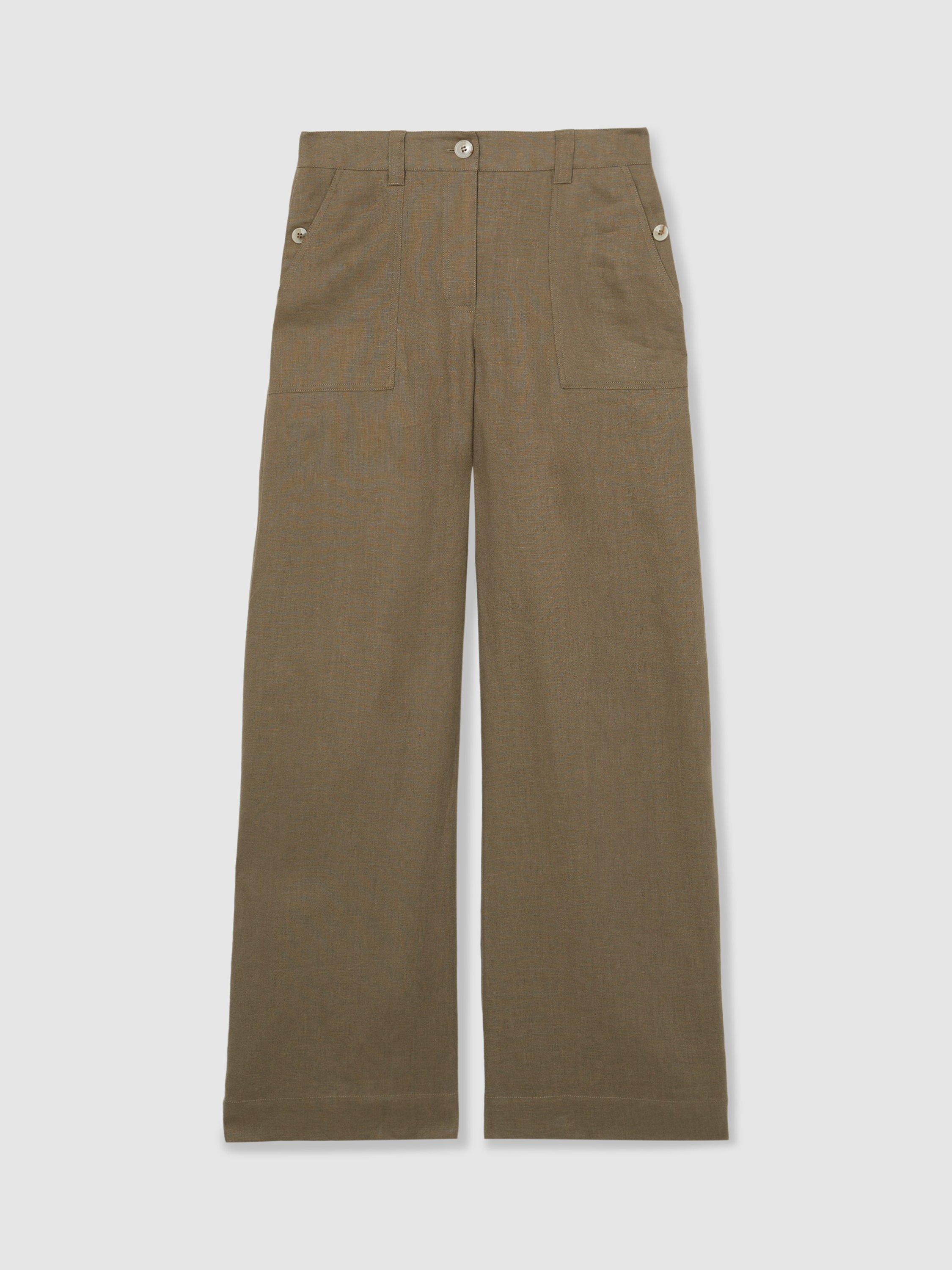 Product image 3 of 5, which shows Reiss Petite Ashby Wide Leg Pure Linen Trousers, Khaki, 6Pt