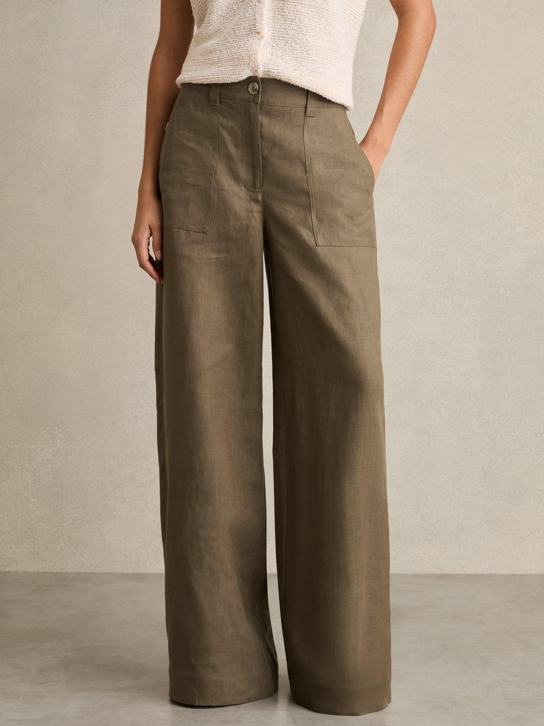 Product image 4 of 5, which shows Reiss Petite Ashby Wide Leg Pure Linen Trousers, Khaki, 6Pt