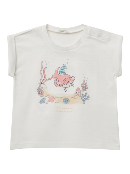 Benetton Baby Cotton Mermaid Short Sleeve Top, Offwhite, Offwhite