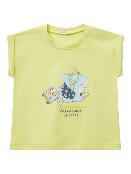 Benetton Baby Cotton Graphic Short Sleeve Top, Lime, Lime