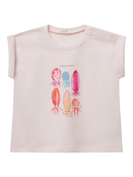 Benetton Baby Cotton Graphic Short Sleeve Top, Pastel Pink, Pastel Pink