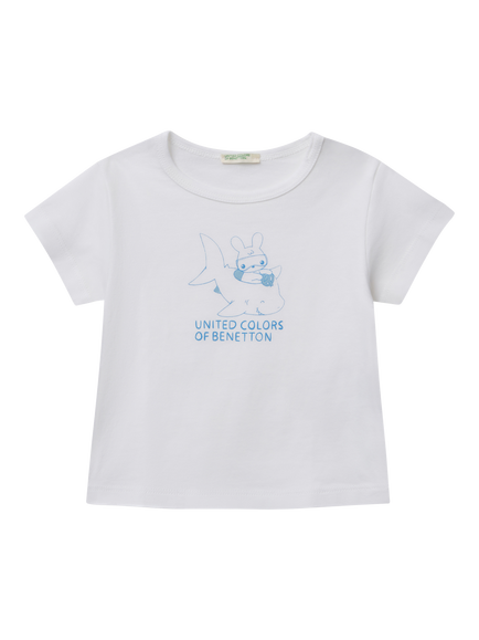 Benetton Baby Cotton Logo Print Short Sleeve Top, Optical White, Optical White