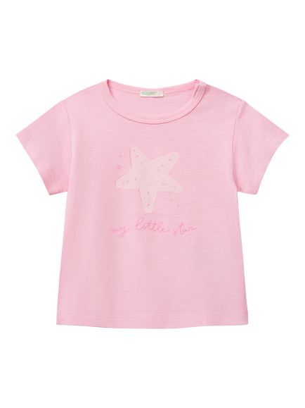 Benetton Baby Cotton Star Print T-Shirt, Pink, Pink