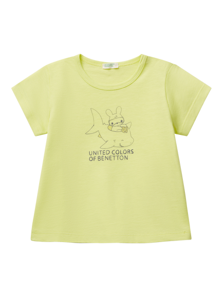 Benetton Baby Cotton Logo Print Short Sleeve Top, Lime, Lime