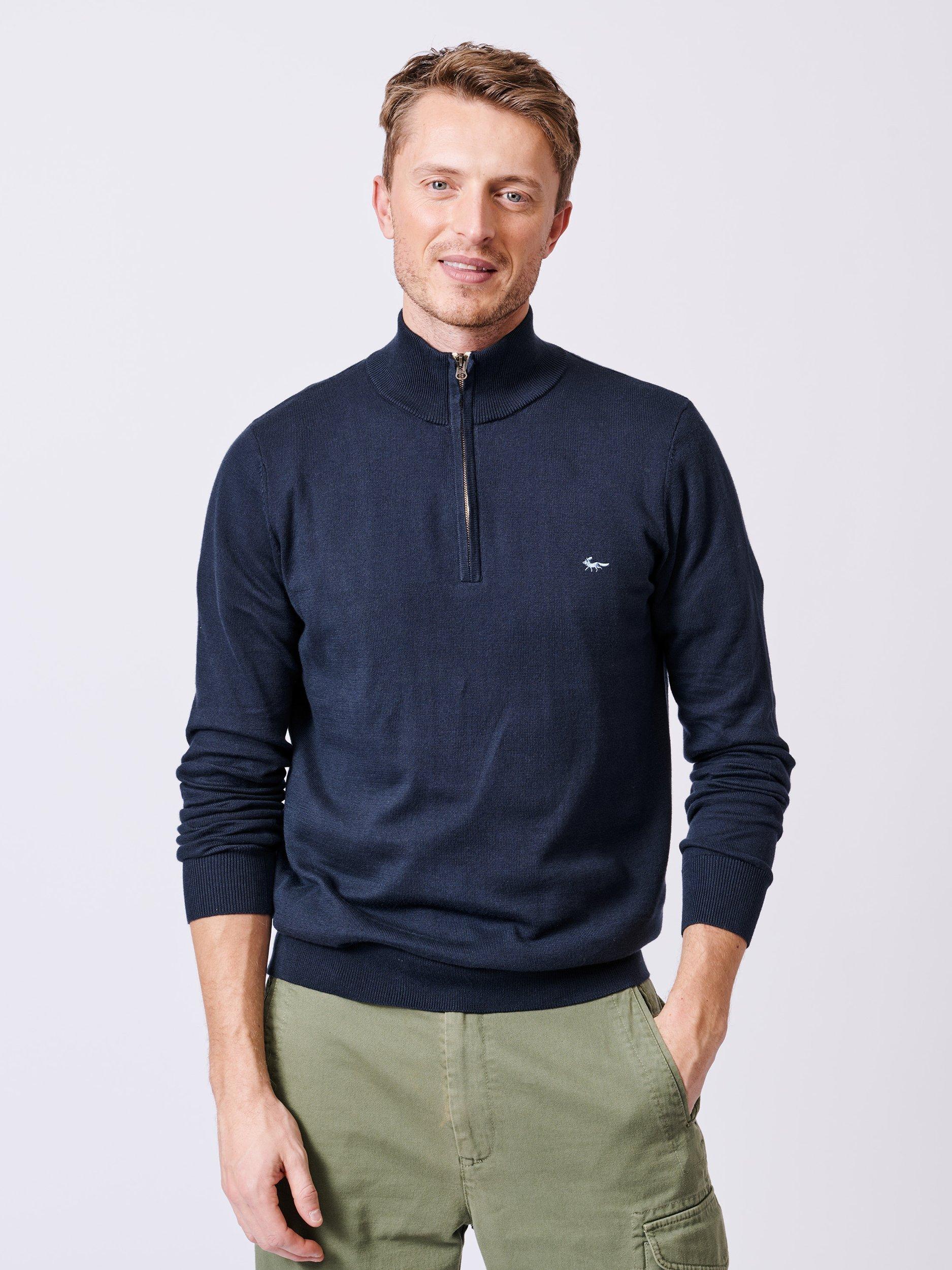 Product image 1 of 5, which shows Aubin Daw Zip Neck Cotton Knit Jumper, Navy, S