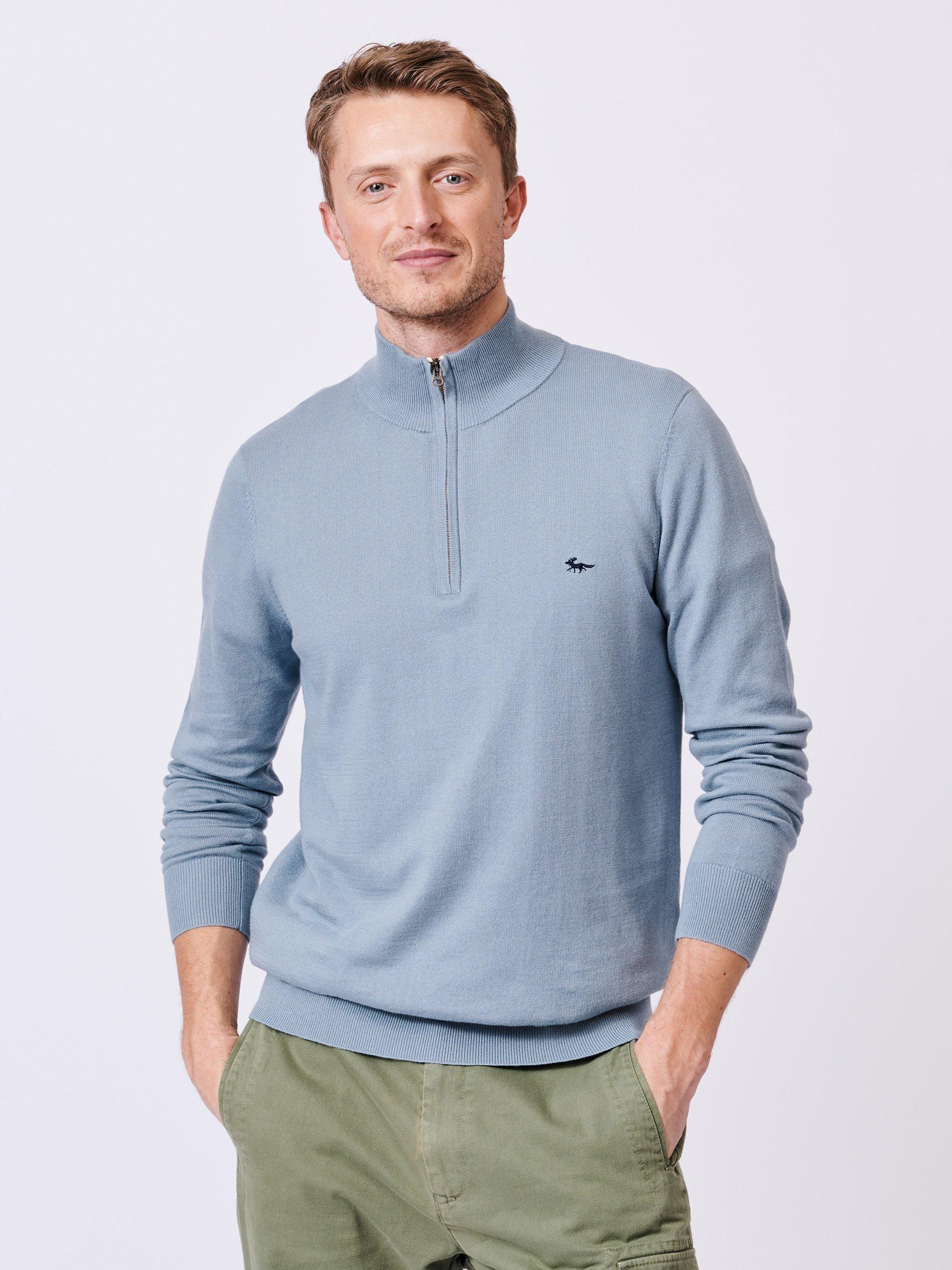 Product image 1 of 5, which shows Aubin Daw Zip Neck Cotton Knit Jumper, Pale Blue, S