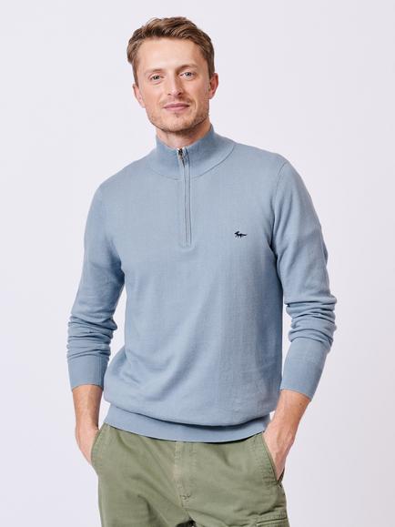 Aubin Daw Zip Neck Cotton Knit Jumper, Pale Blue
