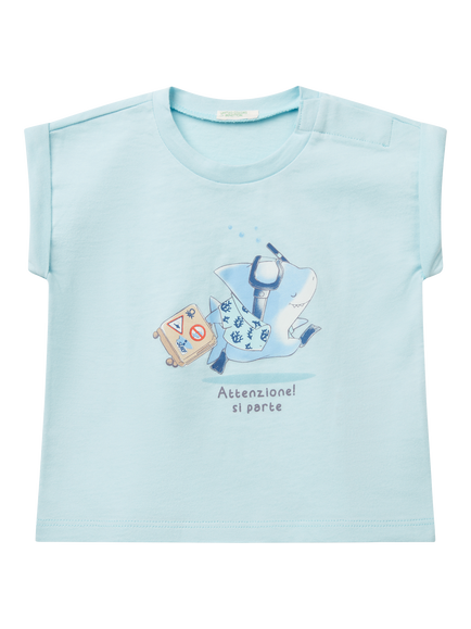 Benetton Baby Cotton Graphic Short Sleeve Top, Light Blue Powder, Light Blue Powder