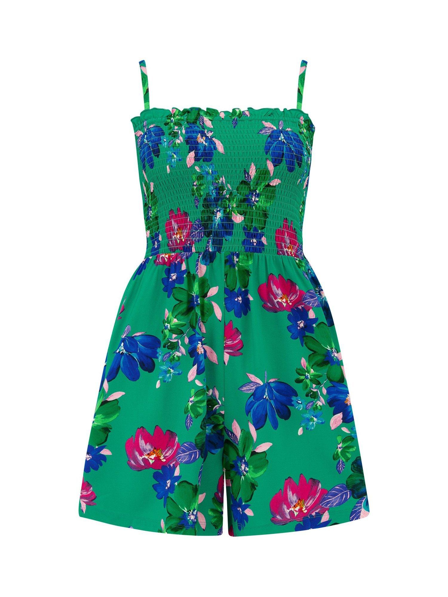 Product image 3 of 4, which shows Pour Moi Strapless Shirred Bodice Beach Playsuit, Green/Multi, 8
