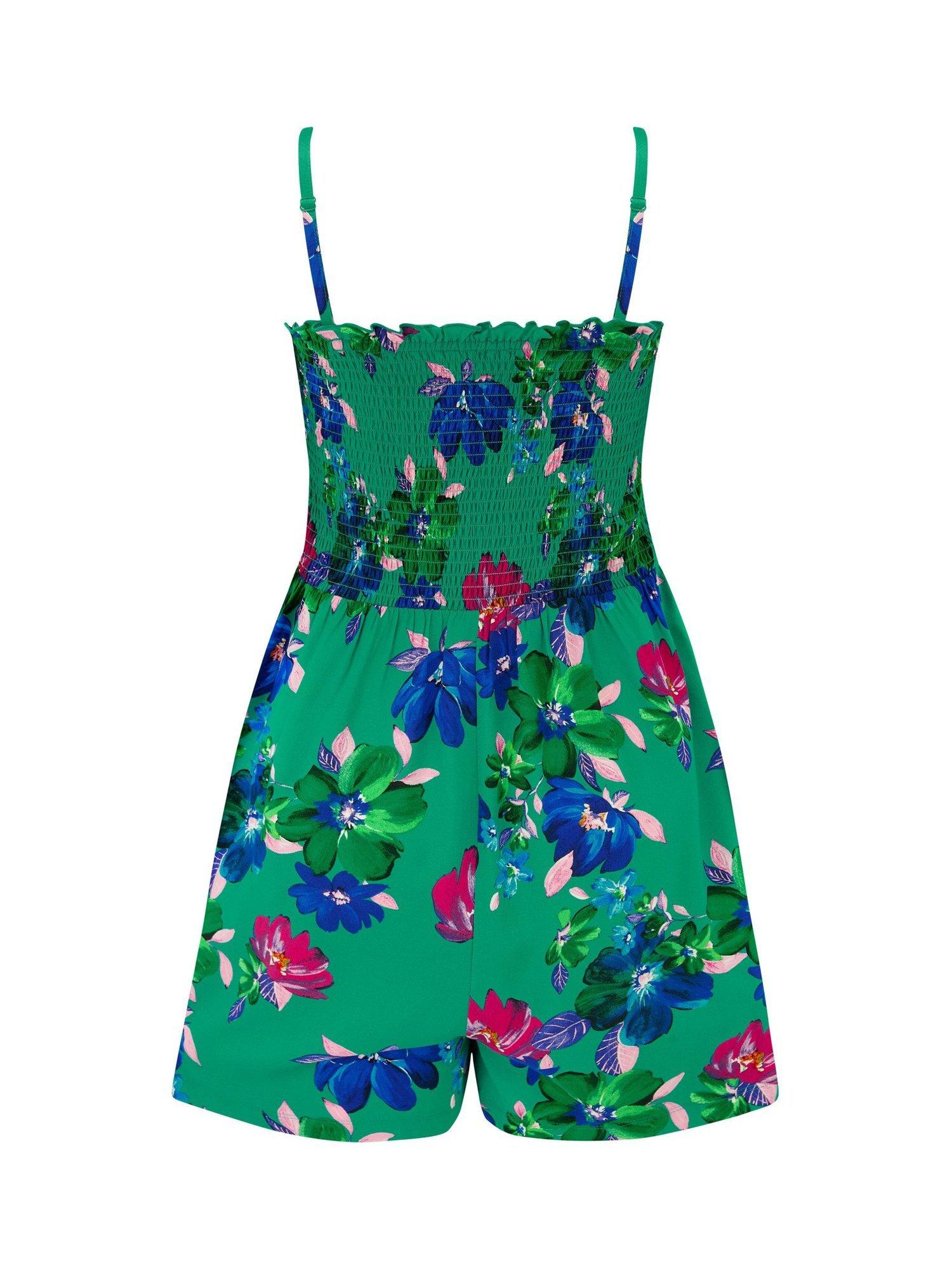 Product image 4 of 4, which shows Pour Moi Strapless Shirred Bodice Beach Playsuit, Green/Multi, 8