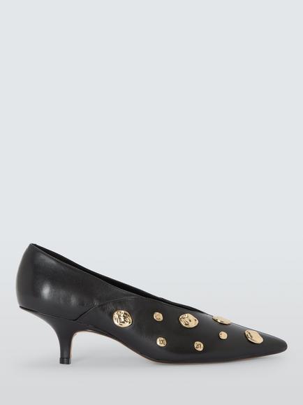 John Lewis Angel Leather Embellished Kitten Heel Court Shoes, Black, Black