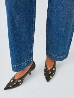 John Lewis Angel Leather Embellished Kitten Heel Court Shoes, Black - view 2, Black