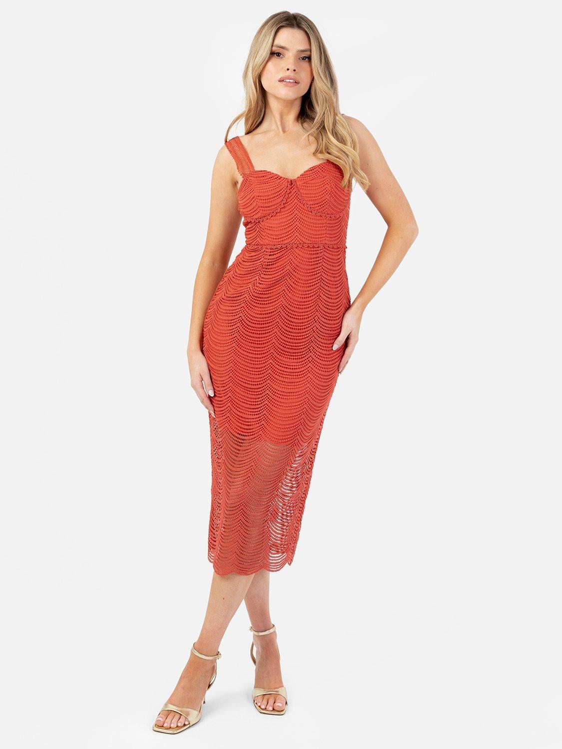 Product image 1 of 5, which shows Maya Deluxe Sleeveless Cinched Scallop Lace Midi Dress, Rust, 6