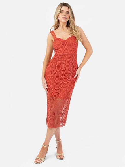 Maya Deluxe Sleeveless Cinched Scallop Lace Midi Dress, Rust