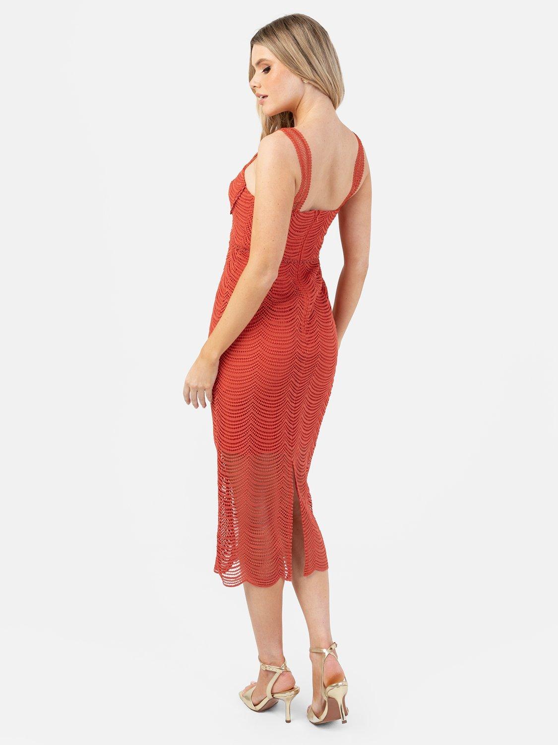 Product image 3 of 5, which shows Maya Deluxe Sleeveless Cinched Scallop Lace Midi Dress, Rust, 6