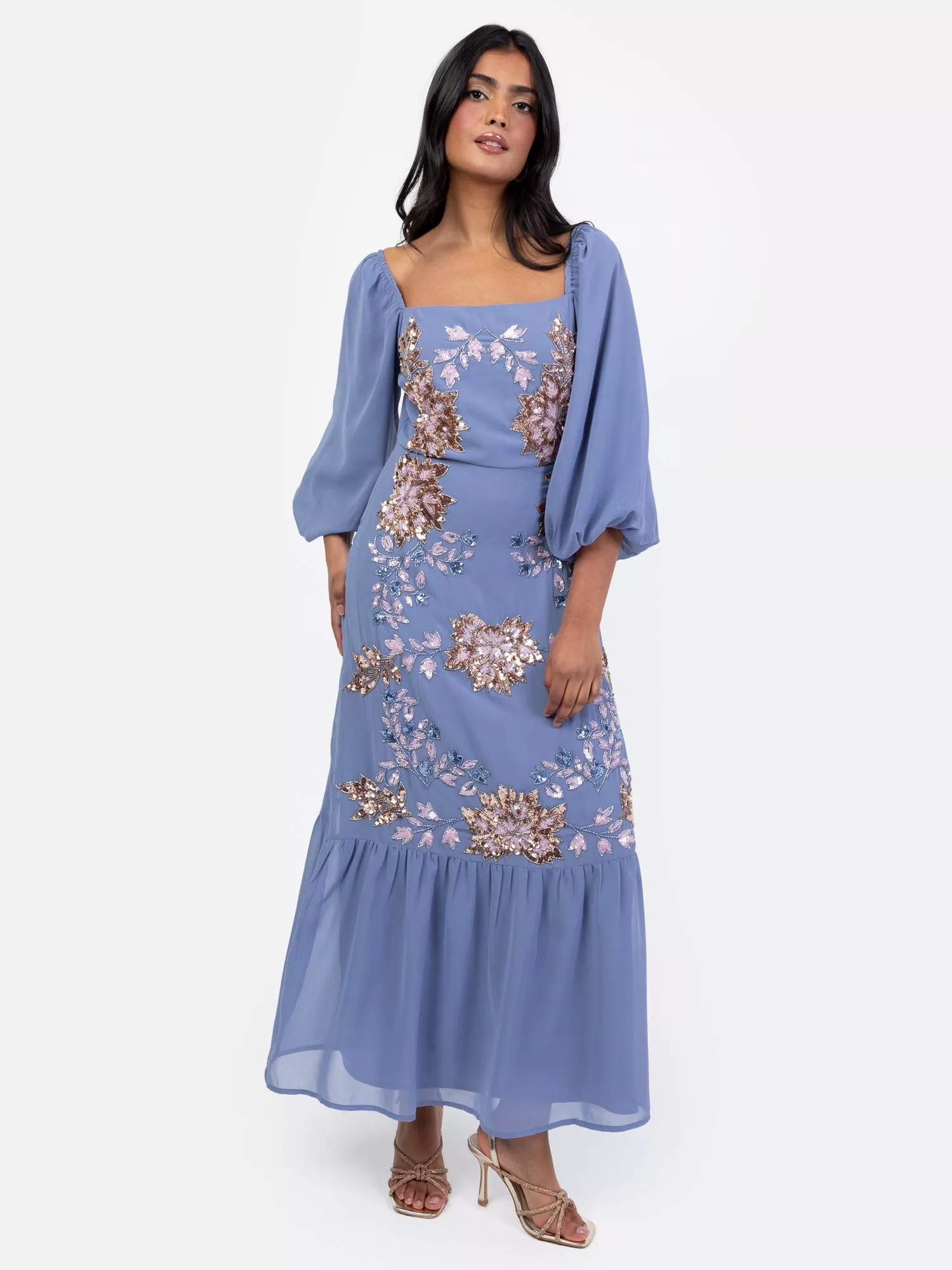 Maya - Vestito midi a portafoglio da damigella grigio talpa cipria con paillettes